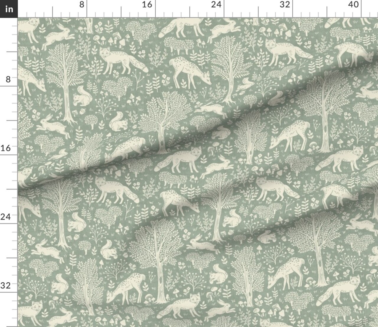 Green Botanical Scandinavian Nursery Forest Animals Deer Fox Rabbit Squirrel Country Rustic Farmhouse Cottagecore Neutral Custom Printed Fabric by Spoonflower Various Fabrics by the Yard or Fat Quarter